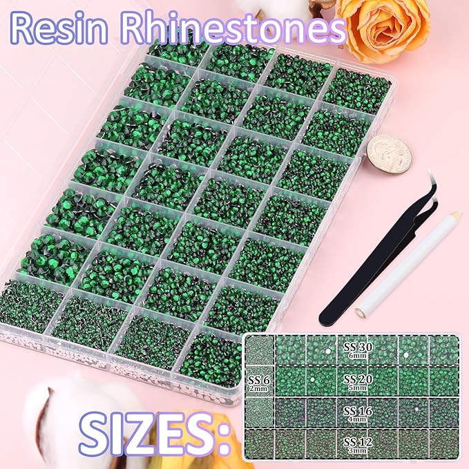 30000Pcs Resin Rhinestones for Bedazzling with Tweezers, Emerald Green Rhinestones for Crafting with B7000 Jewelry Glue for DIY Crafts Clothing Tumblers Shoes Fabric Nail Art