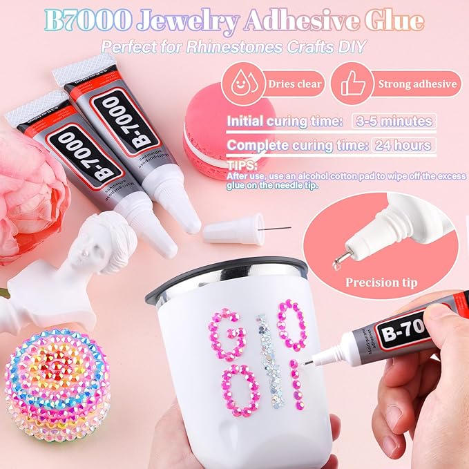 25000Pcs Resin Rhinestones with B7000 Jewelry Glue for Crafting, Hot Pink AB 2-6mm Non Hotfix Flatback Gems, Bedazzling Crystal for DIY Crafts Clothing Tumblers Mugs Shoes Fabric Decor Nail Art