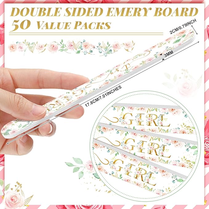 50 Pcs Floral Baby Shower Favors Decorations Baby Sower Favors Games Winners Prizes Gifts Bulk Pink Emery Board Nail Files Gender Reveal Party Favors Souvenirs Gift Bags Stuffers for Guests