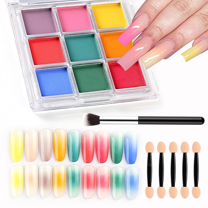 Nail Pigment Palette - 9 Colors Gradient & Solid Neon Ombre Pigment Powder Set - Includes 5 Sponge Sticks & 1 Brush - Perfect for Beginners