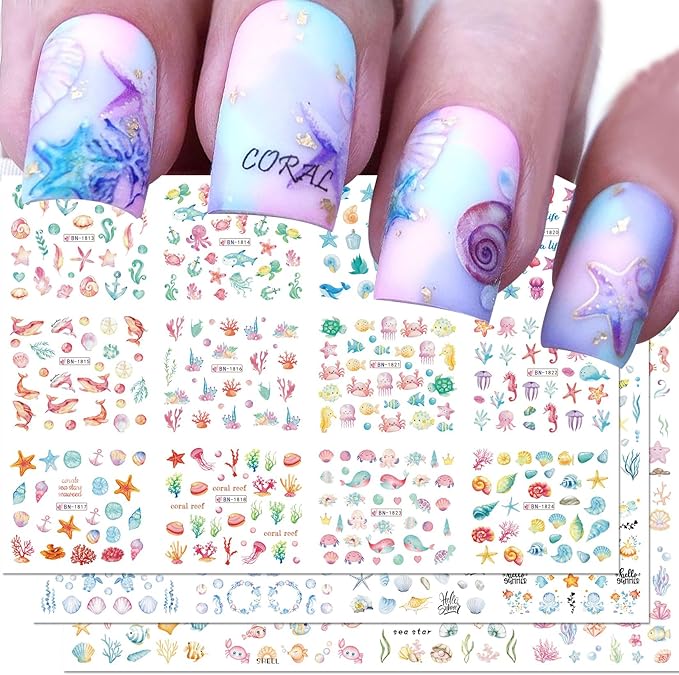 Summer Nail Stickers for Nail Art 36 Designs Ocean Water Transfer Nail Decals Sea Shell Starfish Jellyfish Sea Turtle Seaweed DIY Stickers Nails Supplies Vacation Beach Manicure Decoration 3 Sheets