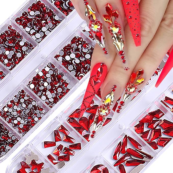 3120Pcs Crystal Red Nail Rhinestones,HOINCO Rhinestones for Nails,Nail Gems and Rhinestones Gems Multi Shapes Nail Charms for Nails Nail Crystal Beads Jewel for DIY Nail Art with Tweezers and Pen