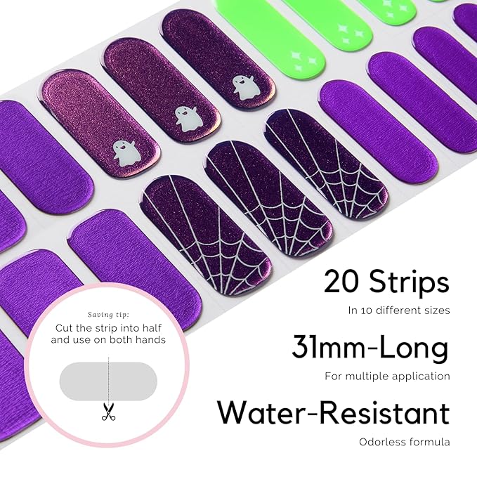 Halloween Semi Cured Gel Nail Strips - NAILOG 20 Pcs Nail Stickers Long Wraps with Glossy Gel Finishing for Autumn, Running Ghost