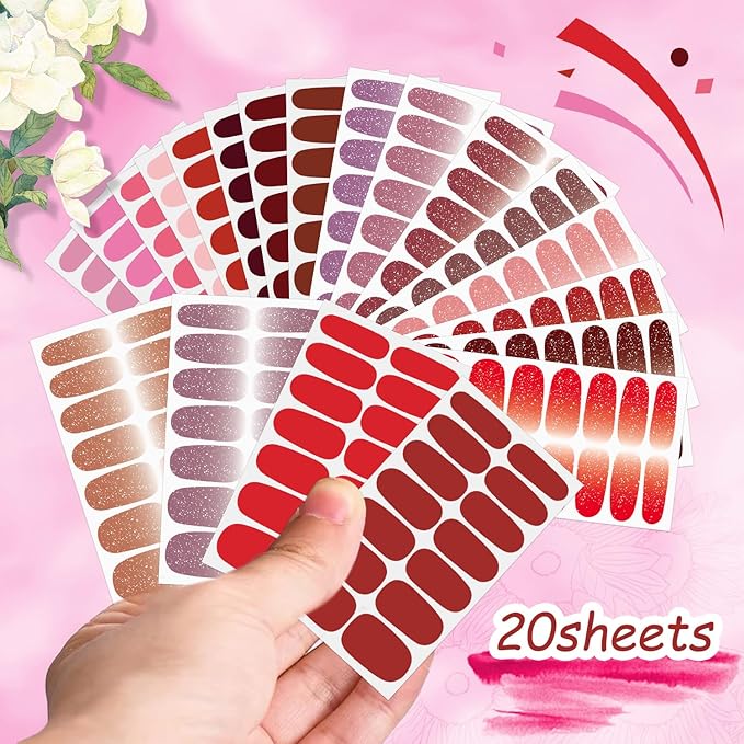 DANNEASY Nail Polish Strips (20 Sheets - Red Solid&Glitter) Gel Nail Stickers Full Nail Wraps Gel Nail Strips Self-Adhesive Manicure Sticker Nails for Women with Nail File, Cuticle Stick