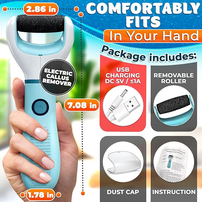 Rechargeable Electric Foot Callus Remover Tool – High-Speed 2800 RPM Electric Foot Sander Callus Remover with Replaceable Roller – Compact & Easy Maintenance, Up to 1-Hour Runtime for Smooth Feet