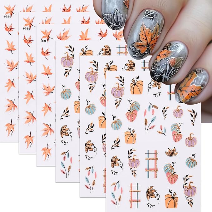 8 Sheets Fall Nail Art Stickers Autumn Maple Leaf Pumpkin Nail Sticker 3D Self-Adhesive Nail Decals Gold Glitter Plaid Pumpkin Nail Designs Thanksgiving Holiday DIY Manicure Decor Sticker for Women