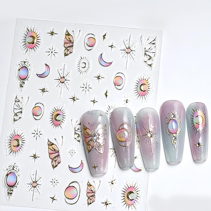 3Sheets Butterfly Nail Art Stickers Retro Heart Style Nail Decals Red Blue Butterfly Nail Stickers Embossed Self-Adhesive Star Moon Bow Patterns Design Nail Supplies for Women DIY Nail Decorations