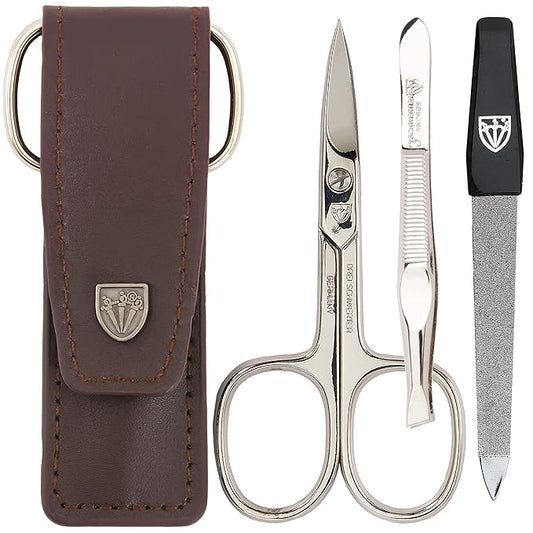 3 Swords Germany - brand quality 3 piece manicure pedicure grooming kit set for professional finger & toe nail care scissors file genuine leather case in gift box, Made in Solingen Germany (03744 )