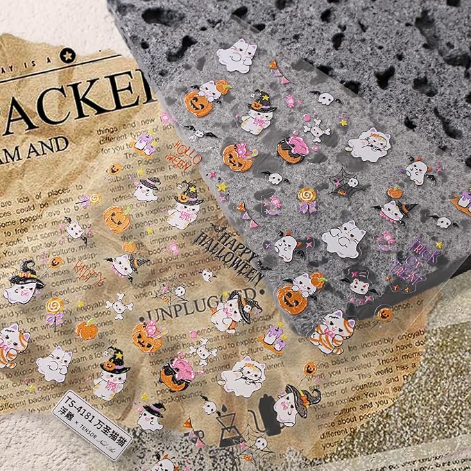 Halloween Nail Stickers for Nail Art - Cute Cat Ghost Nail Art Sticker Halloween 5D Embossed Nail Decals Self-Adhesive Nails Supply Manicure Stickers for Nails Decoration