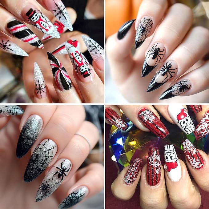 2Sheets Halloween Nail Art Stickers 5D Embossed Evil Snowman Ghost Designs Nail Decals Self-Adhesive Skull Pumpkin Nail Stickers Litter Bear Eye Nail Decal Spider Nail Sticker for Women Nails Decor
