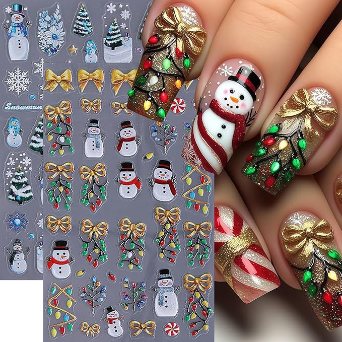 4 Sheets Christmas Nail Art Stickers Decals 5D Micro Embossed Nail Stickers for Nail Art Snowman Snowflakes Christmas Tree Cute Santa Claus Nail Decor Supplies Holiday Manicure Accessories for Women