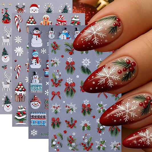 4 Pcs Christmas Nail Art Stickers 5D Micro Embossed Self-Adhesive Snowman Gingerbread Man Snowflake Bow Holly Leaf Nail Decals Xmas Tree Santa Claus Nail Supplies for Women Winter Holiday DIY Manicure