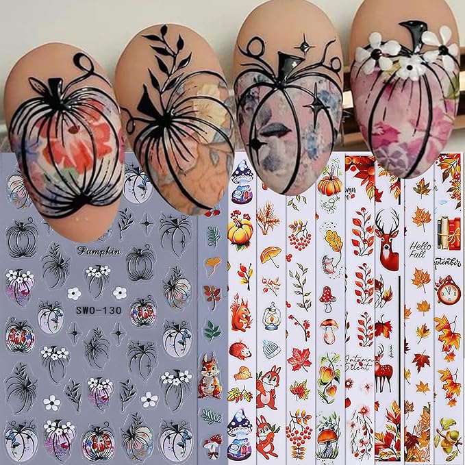 Fall Pumpkin Nail Stickers Decals 10PCS Autumn Maple Leaves Designs for Nails Art Squirrel Mushroom 3D Self-Adhesive Sliders Manicure Fall Nail Art Stickers Supplies for Women DIY Holiday Decoration