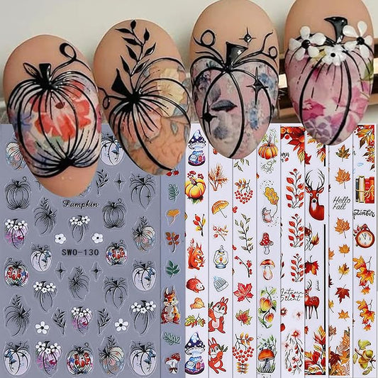 Fall Pumpkin Nail Stickers Decals 10PCS Autumn Maple Leaves Designs for Nails Art Squirrel Mushroom 3D Self-Adhesive Sliders Manicure Fall Nail Art Stickers Supplies for Women DIY Holiday Decoration