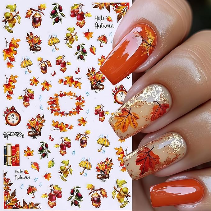 6 Sheets Fall Nail Art Stickers Decals Thanksgiving Day Pumpkin Nail Decals 3D Self-Adhesive Autumn Maple Leaves Pumpkin Design Maple Leaf Nail Art Sticker for Women Holiday DIY Manicure Decoration