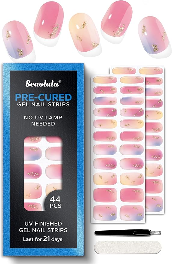 Pre Cured Gel Nail Strips - 44PCS Salon Quality Gel Nail Stickers - Long Lasting Polish Wraps for Women no UV Light Needed Easy Apply& Remove (Metallic Pink Maze）