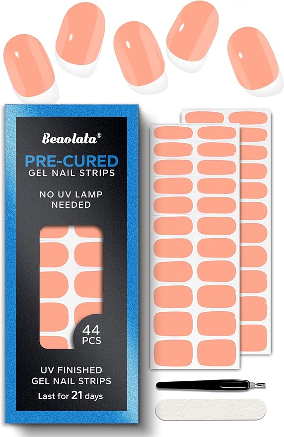 Pre Cured Gel Nail Strips - 44PCS Salon Quality Gel Nail Stickers - Long Lasting Polish Wraps for Women no UV Light Needed Easy Apply& Remove (Marigold Orange）