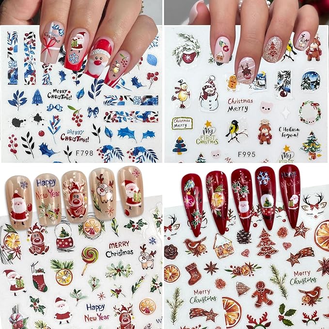 5 Sheet Christmas Nail Art Stickers with Santa Claus Snowflake Elk Deer Snowman Xmas Tree Design Manicure Decal Winter Cartoon Nail Decals Nail Art DIY Decor Supplies for Women