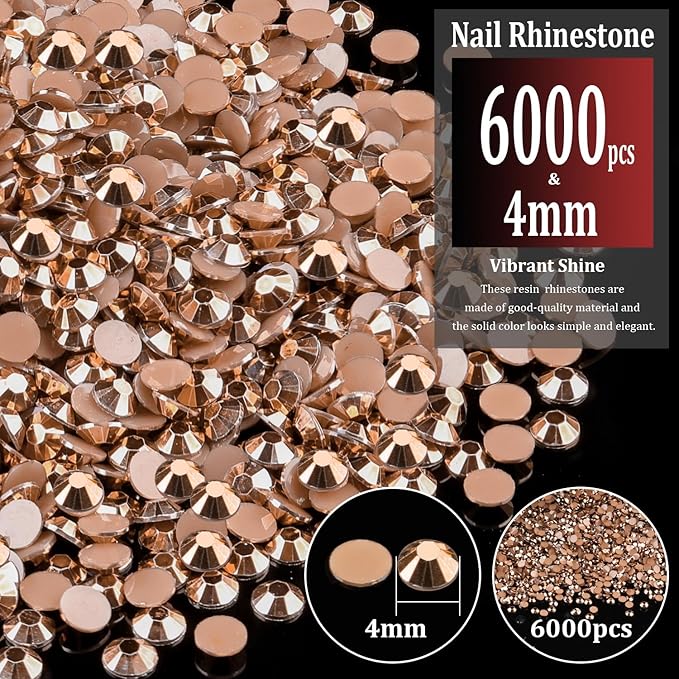 6000pcs 4mm Resin Rhinestones Bulk, Champagne Flatback Round Jelly Rhinestones Non Hotfix Crystal Gems Large Quantity Wholesale for DIY Crafts Clothes Face Makeup Manicure