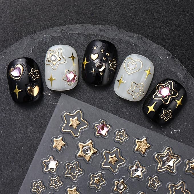 Heart Star Nail Art Stickers Decals, Gold Silver Nail Stickers,Shiny Hollow Love Stars with Diamond Nail Sticker 3D Kawaii DIY Crafts Acrylic Nails Decor for Women Nail Art Supplies 4PCS