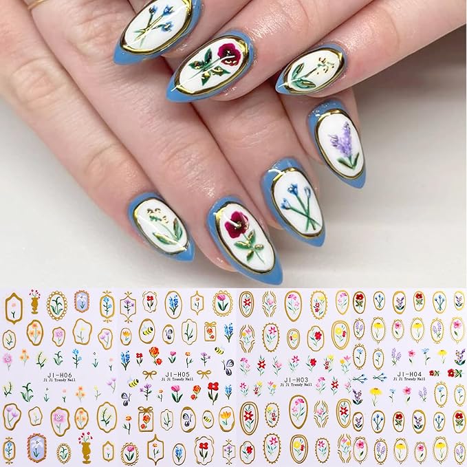 Colorful Flowers Nail Art Stickers 3D Self-Adhesive Cute Flower Nail Decals with Gold Edge Designs Nail Stickers Photo Frame Floral Leaf Nail decal Butterfly Bee Nail Sticker for Women DIY Nails Decor
