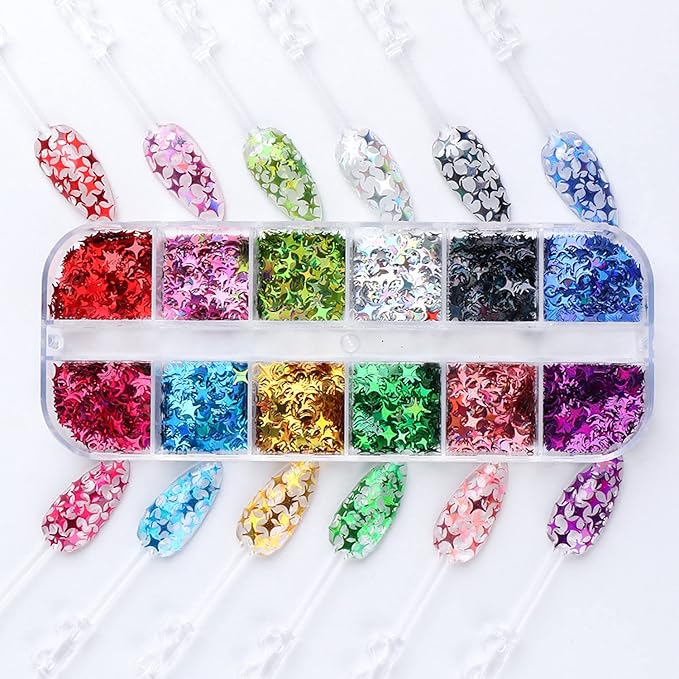 12 Colors Star Nail Art Stickers Glitter Four-Pointed Star Flakes Nail Art Sequins Paillette Confetti Holographic Laser Shining Gel Colorful Nails Decoration DIY Acrylic Nail Supplies Manicure Tips