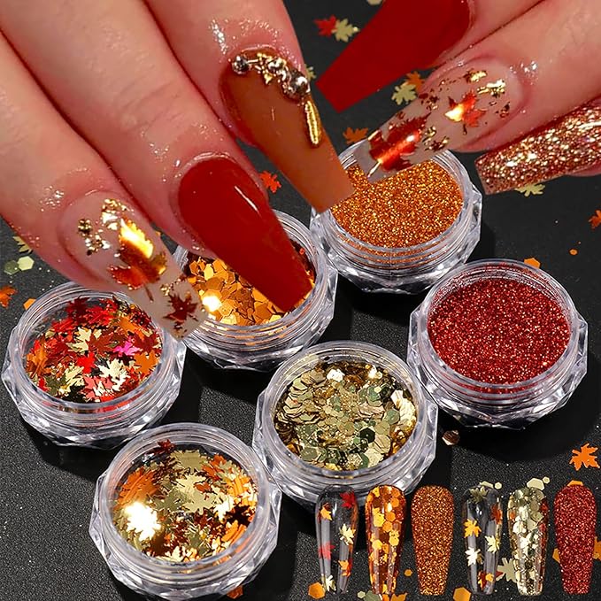 Thanksgiving Fall 3D Maple Leaf Nail Art Glitter Sequins, Mixed Red & Orange Nail Glitter Powder Polygons Sequins Fall Nail Decals for for Women Nail Decorations Supplies DIY Manicure Accessories