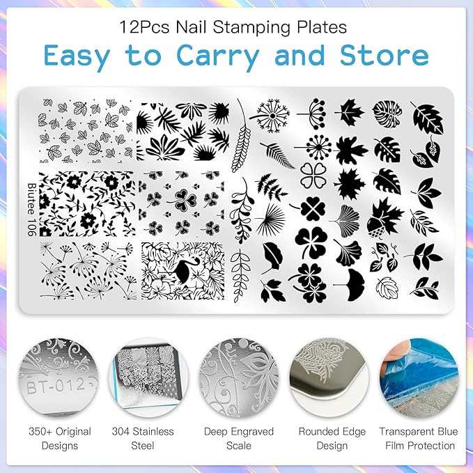 Biutee Nail Stamper Kit 12Pcs Nail Art Stamping Plate 8 Colors Stamp Polish Gel with Top Coat and Base Coat Set Silicone Stamper Scraper, Nail Stamp Plates Love Flower Butterfly Leaf Halloween Design
