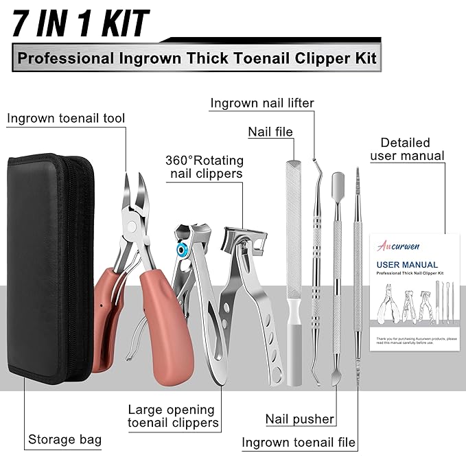 Toenail Clippers for Seniors Thick Toenails, Aucurwen Heavy Duty Toe Nail Clippers Adult Thick Nails Long Handle, Large Toenail Clippers for Thick Nails 7Pcs(Pink)