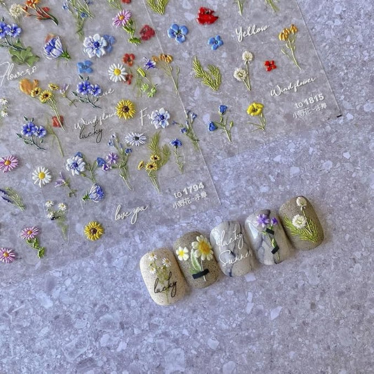 5D Embossed Flower Nail Stickers Flowers Nail Art Decals Nail Design Self Adhesive Nail Decals Flower Nail Art Spring Nails Decoration for Women DIY Manicure