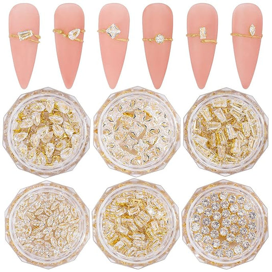 HNUIX 3D Nail Charms and Gems - 120Pcs Copper Metal Zircon, Gold Multiple Shape Smal Crystals Rhinestones, Nail Decorations Accessories for Nails Design