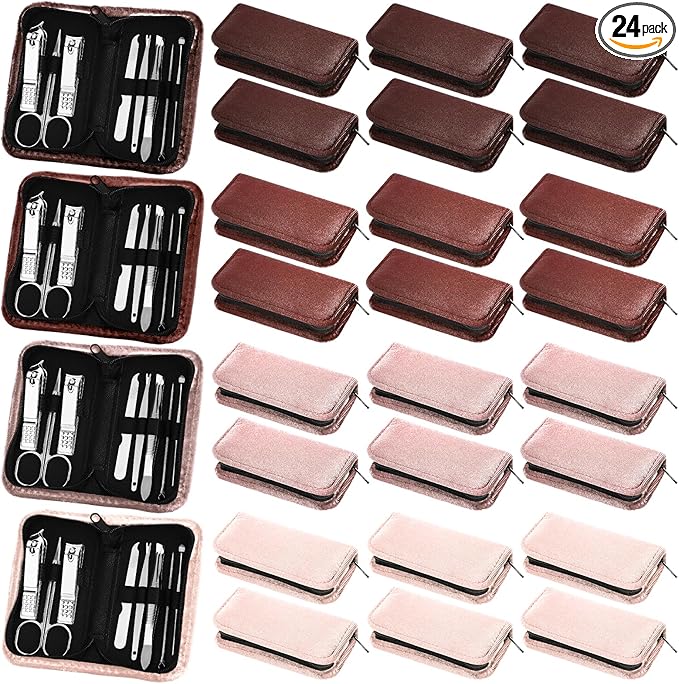 Coume 24 Sets Manicure Set Bulk Rad Tech 8 in 1 Nail Clippers Kit Luxurious Travel Case Stainless Steel Nails Care Tool Office Gift for Coworker Nurse Practitioner Week Christmas(Brown Series)