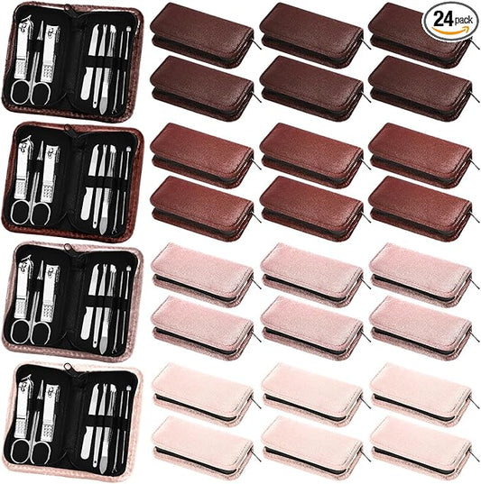 Coume 24 Sets Manicure Set Bulk Rad Tech 8 in 1 Nail Clippers Kit Luxurious Travel Case Stainless Steel Nails Care Tool Office Gift for Coworker Nurse Practitioner Week Christmas(Brown Series)