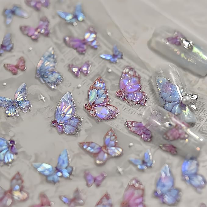 2 Sheets Butterfly Nail Art Stickers 5D Embossed Self-Adhesive Pink Aurora Sparkling Butterfly Nail Decals Designs for Women Girls DIY Nail Decoration