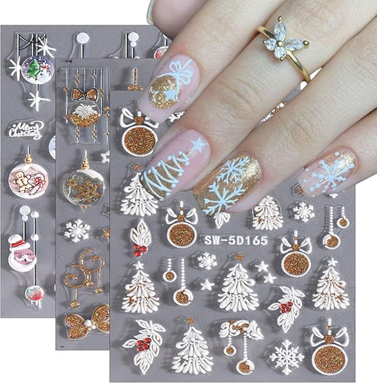 3 Sheets Christmas Nail Art Stickers 5D Embossed Christmas Snowflake Elk Self-Adhesive Gold Glitter Bowknot Nail Design Cute Bear Bell Snowman Women Nail Decoration