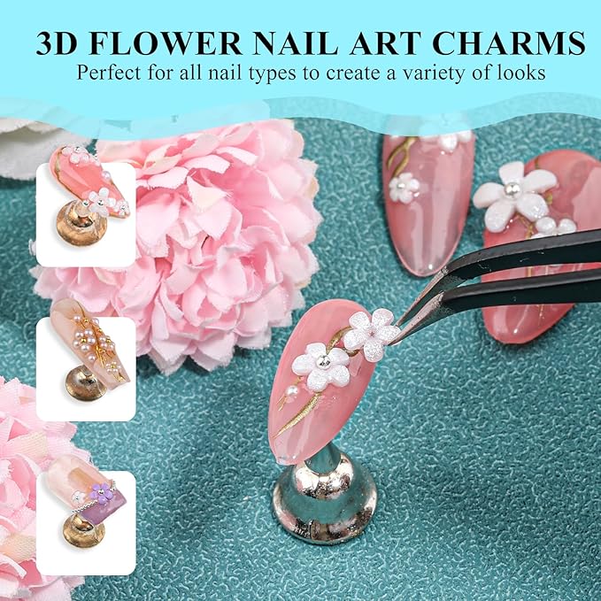 4 Boxes 3D Flower Nail Charms and Gems - Colorful Nail Flower Charms Crystal AB Clear Gemstones Silver/Gold Caviar Beads White/AB Pearls for Women DIY Manicure Crafts (21-S4-Colorful1)