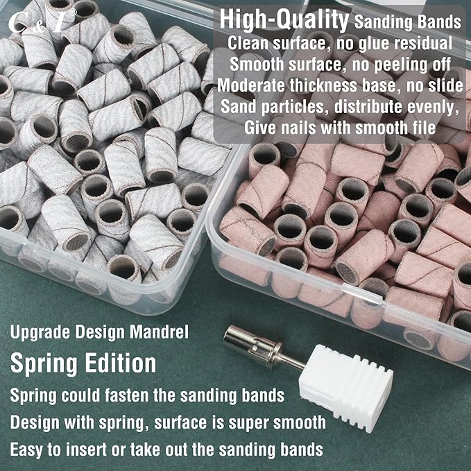 C & I Nail Sanding Bands 100 PCS Plus Upgrade Mandrel 1 PC, Nail Drill Bits for Acrylic Gel Nails Remove, Natural Nails Buffer for Nail Prep and Nail Shiner (Brown, #120 Coarse)