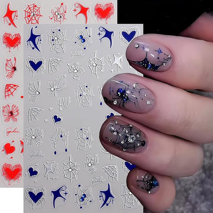 Halloween Spider Web Nail Stickers 3D Self-Adhesive Rhinestone Spider Butterfly Nail Decals Red Blue White Heart Spider Web Pattern Design Nail Sticker for Women Halloween Holiday DIY Manicure
