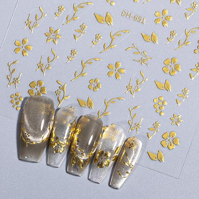 6 Sheets Flower Nail Stickers 3D Metallic Flower Leaf Nails Decals White Silver Gold Floral Nail Art Stickers Self Adhesive Hibiscus Flowers Nail Art Design Sticker for Women DIY Nail Accessories