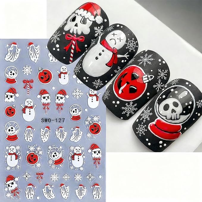 5Pcs Christmas Nail Stickers 5D Christmas Tree Snow Man Nail Decals DIY Self Adhesive Bow Light Cute Snowman Nail Design 3D Nail Decoration Supplies Holiday Manicure Accessories for Women Girls