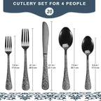 Runfly Vintage Carved Black Stainless Steel 20-Piece Flatware Set | Silverware - Image 2