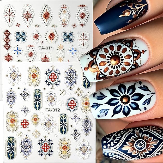 2 Sheets Relief Bohemian Style Nail Stickers, Retro Color 5D Embossed Nail Decals with Metallic Lace Lines, Vintage Boho Nail Art Decoration for Women Girls DIY Manicure Supplies