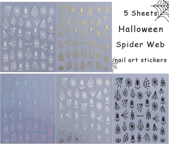 5 Sheets Halloween Nail Art Stickers Decals 3D Self-Adhesive Spider Web Nail Decals Black White Gold Silver Laser Spider Web Nails Stickers Gothic Nails Supplies for Women Halloween Party Nails Decor