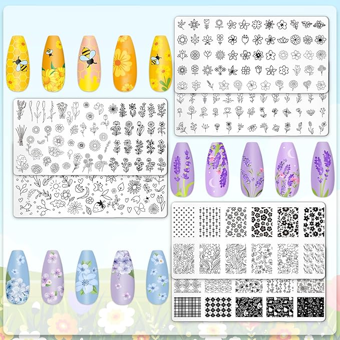 Whaline 6Pcs Spring Summer Floral Nail Plates Stamping Set Flower Leaves Stamp Templates Nail Art Plates for DIY Print Manicure Salon Design