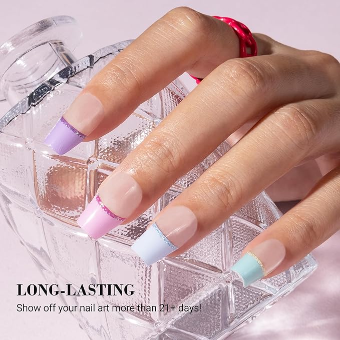 MelodySusie Semi Cured Gel Nail Strips, 20 PCS Gel Nail Stickers, UV Light Required, Durable & Salon Quality (Macaroon French Tips)