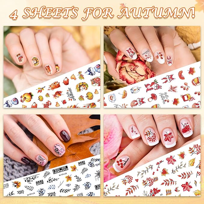 Whaline 18 Sheets All Year Nail Art Stickers Spring Summer Fall Winter Decorative Self-Adhesive Nail Decals for Seasonal Party DIY Manicure Supplies