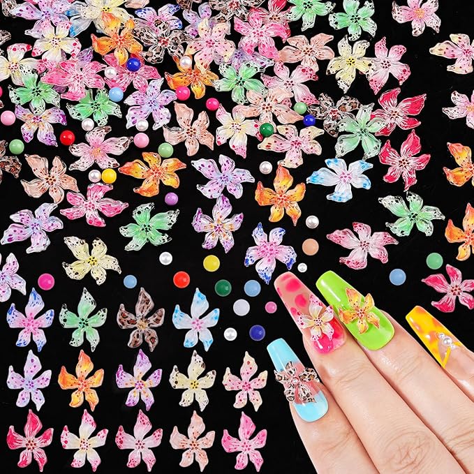 300Pcs Flower Nail Charms Kit, 100Pcs 3D Hawaii Flowers and 100Pcs Nail Pearls with 100Pcs Macaron Beads, Colorful Hibiscus Floral Charms Tiny Gems Round Beads for Nails Designs DIY Crafts