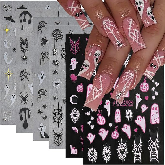 Halloween Nail Stickers for Nail Art - 6 Sheets Pink White Ghost Spider Web 3D Self-Adhesive Design With Rhinestones Charms