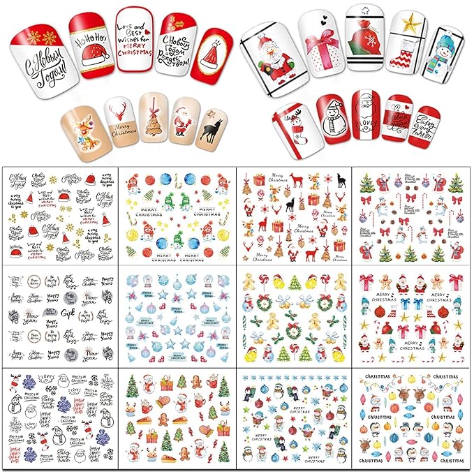 TailaiMei 60 Sheets Christmas Nail Stickers, Water Transfer Decals, Winter Full Nail Wraps Nail Art Decorations, Design for Santa Claus Snowflake Snowman (1028 Pcs)