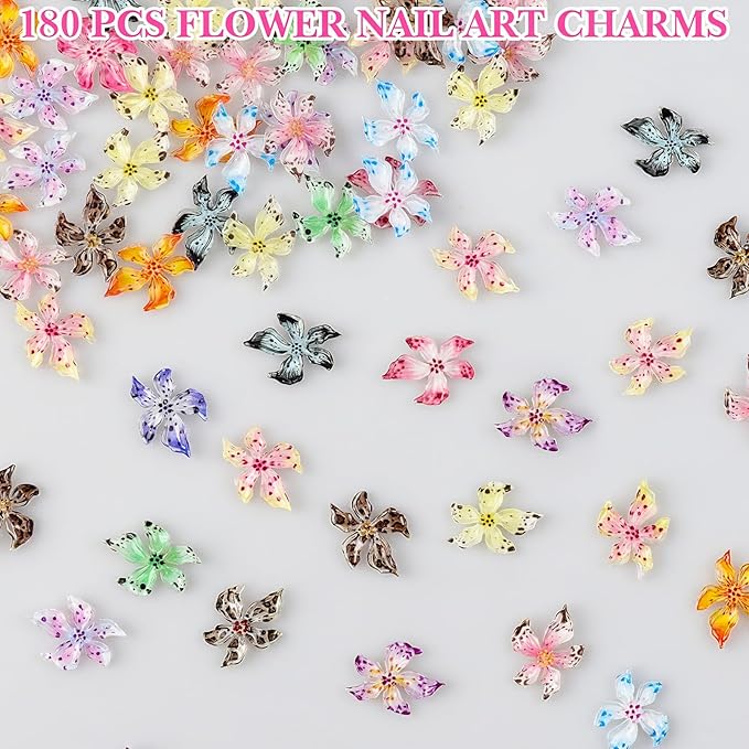 180 PCS Flower Nail Art Charms 3D Hawaii Flower Nail Charms Spring Summer Floral Nail Charm for Nails Design Kit Resin Accessories for Women DIY Manicure Decorations Supplies